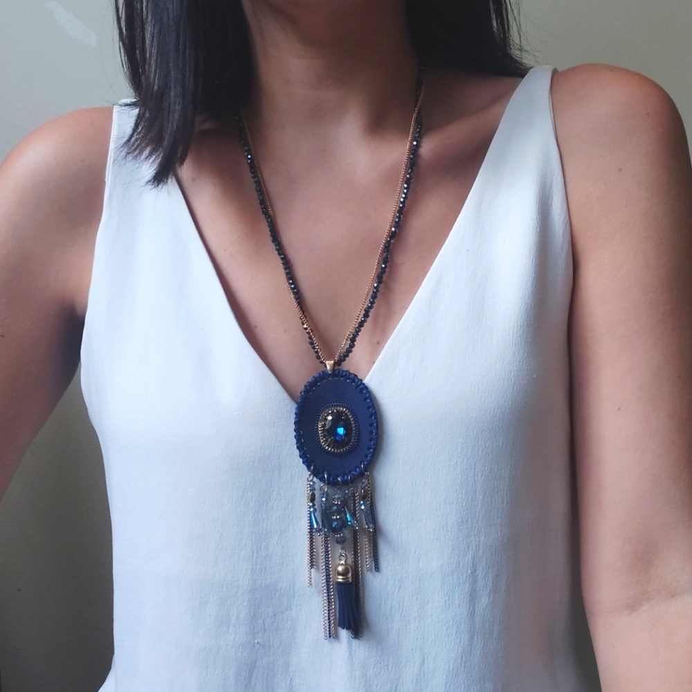 Bohemian long pendant necklace | beaded chain necklace | blue gold neckl…